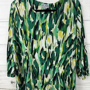 JM Collection Graphic Green and White 3/4 Sleeve Blouse